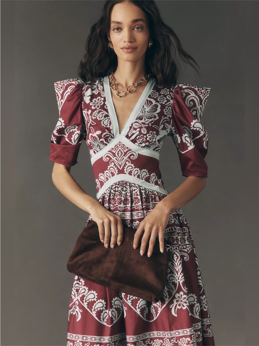 🪁 Farm Rio for Anthropologie Floral V-Neck Open Back Beaded Tie Midi Dress Large - Picture 2 of 10